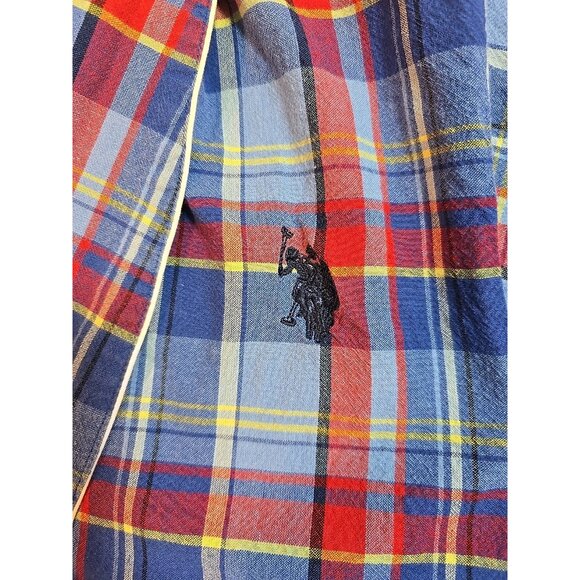 US Polo Assn Logo Robe Men Multicolor Plaid Red Blue 100% Cotton Pocket Size S/M - Picture 15 of 16